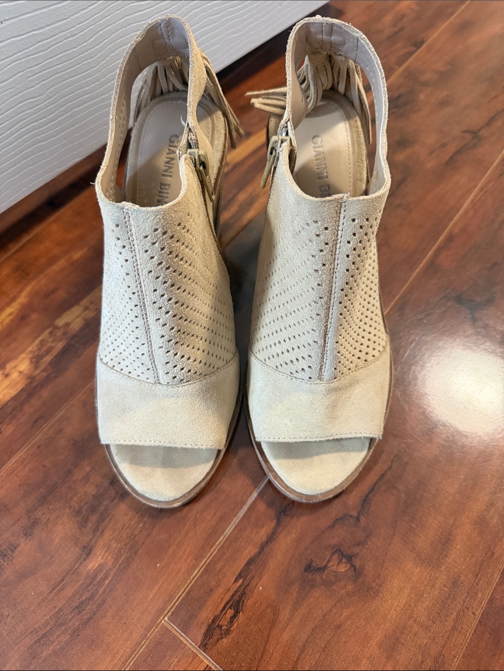 Gianni Bini Tan Suede Perforated Peep-Toe Mules with Fringe worn once
